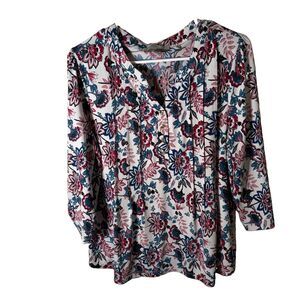 By Design Blouse Women's Large Floral V-Neck Pleated 3/4 Sleeve Lightweight Top